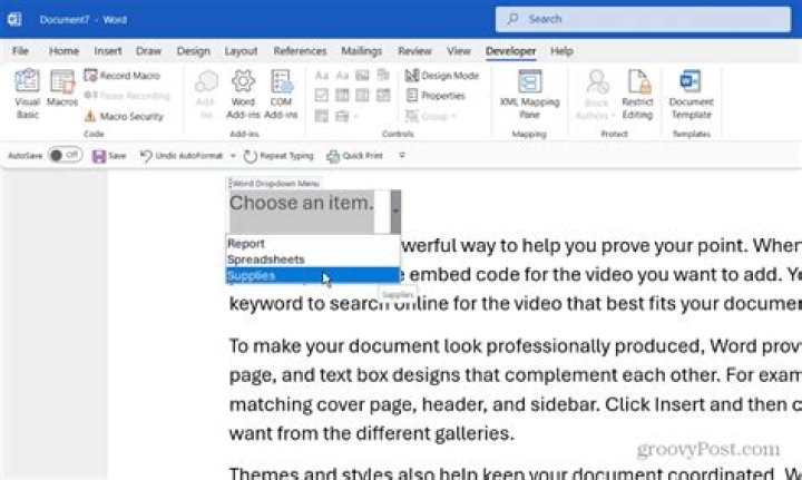 How do I insert a drop down list in Word?